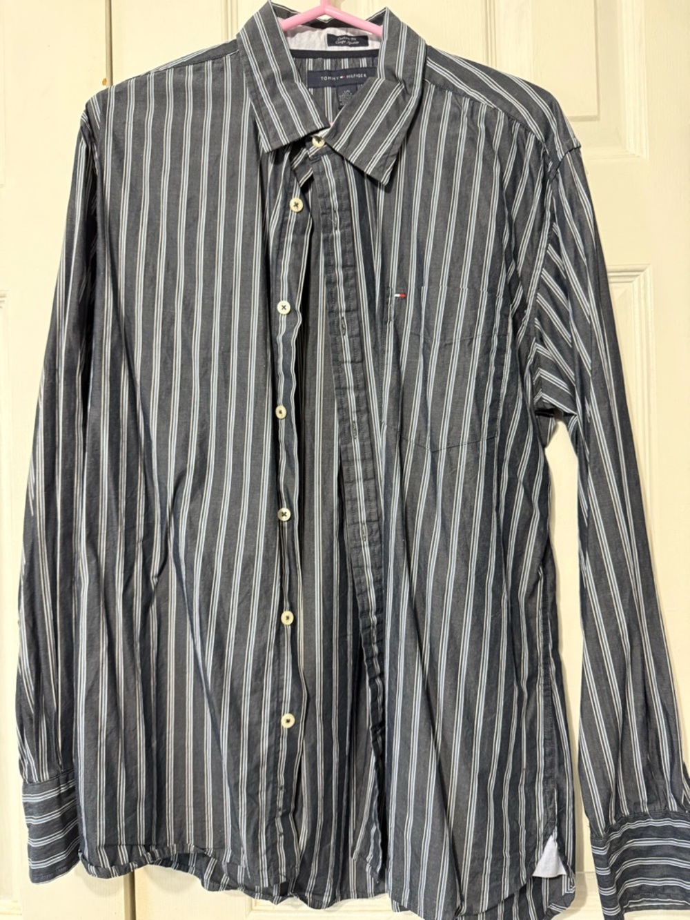 Tommy Hilfiger Men's Navy and White Striped Dress Shirt